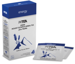 "Functional tea with natural ingredients for energy boost. Blue and white packaging with mountain graphic."