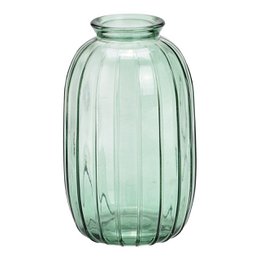 A tall, green glass vase with a cylindrical shape and vertical ribbing. The vase measures 7 x 12 x 7 cm and is suitable for displaying flowers or other decorative items.