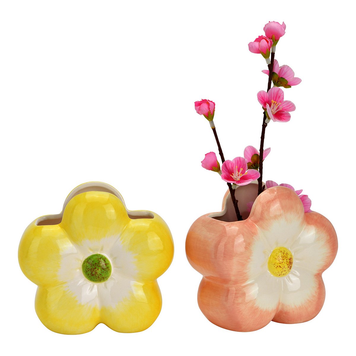 Vase Blume aus Keramik, 2-fach, Gelb/Rosa (B/H/T) 13x12x7cm