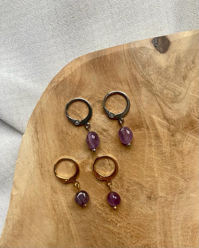 Natural Stone Earrings Stainless Steel gold/silver 'Amethyst'