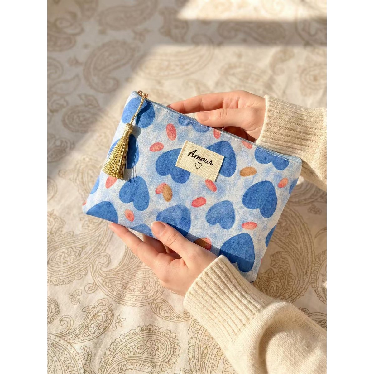 Toilettas etui 14x20 cm bedrukte harten Love gift pompon