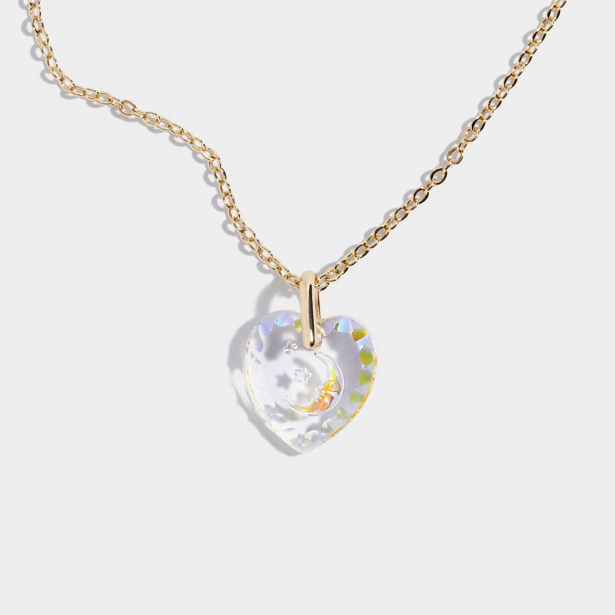 Vintage heart pendant necklace gold plated chain, moon detail pendant crystal