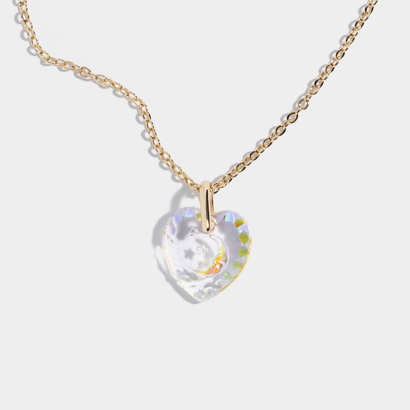 Collier pendentif coeur vintage chaîne plaquée or, cristal pendentif détail lune