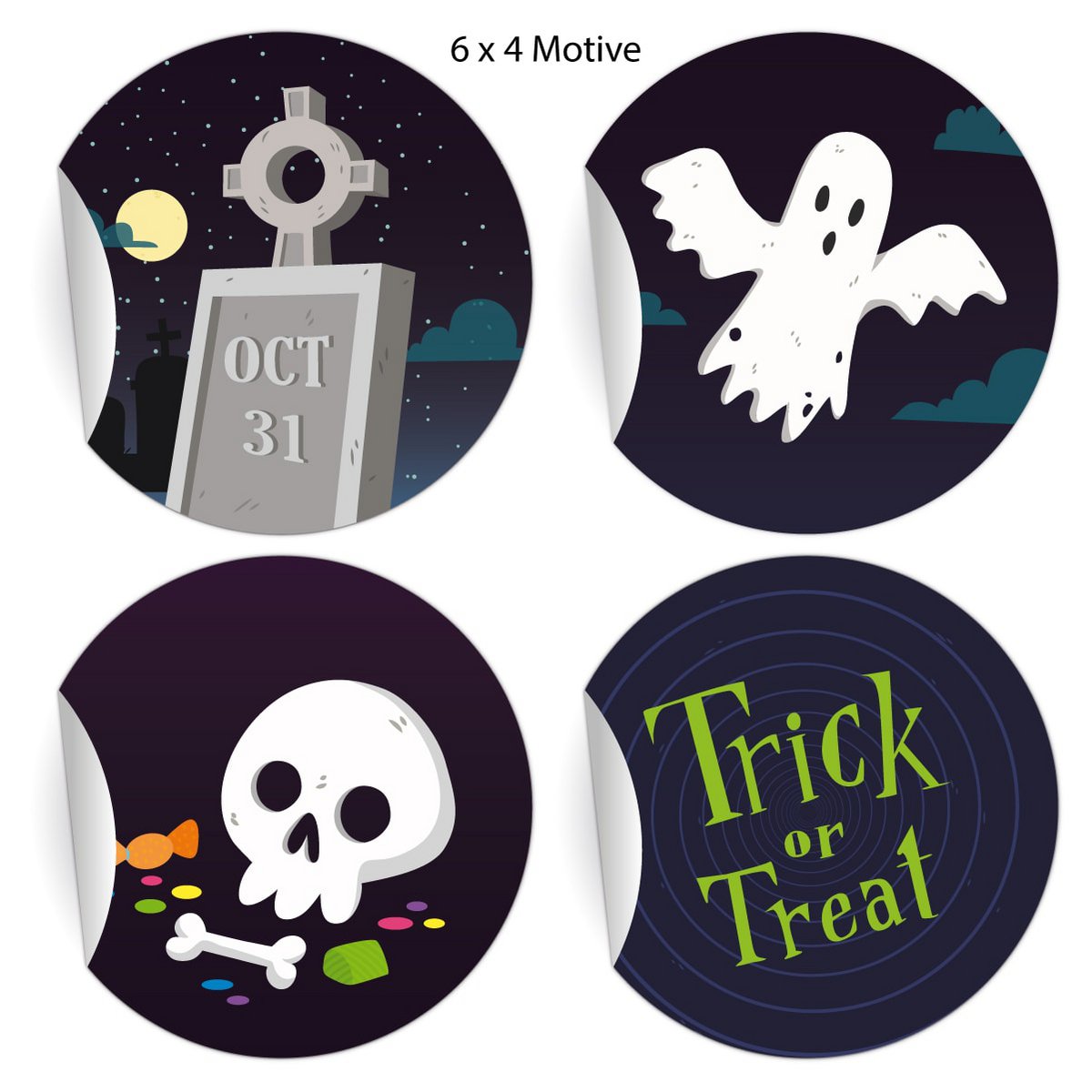24 cool Halloween stickers to scare you with ghost and skull: Trick or Treat, blue, MATTE paper stickers also (ø 45mm; 4 motifs)