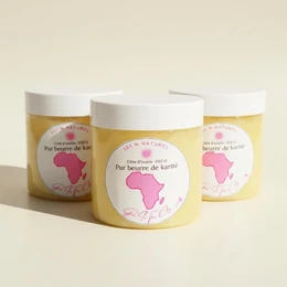 Golden yellow creamy shea butter jar, natural beige lid, Africa map label, moisturizing body care product.