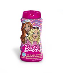  A pink and purple bottle containing 475 ml of Barbie-branded bath and shampoo product for children.