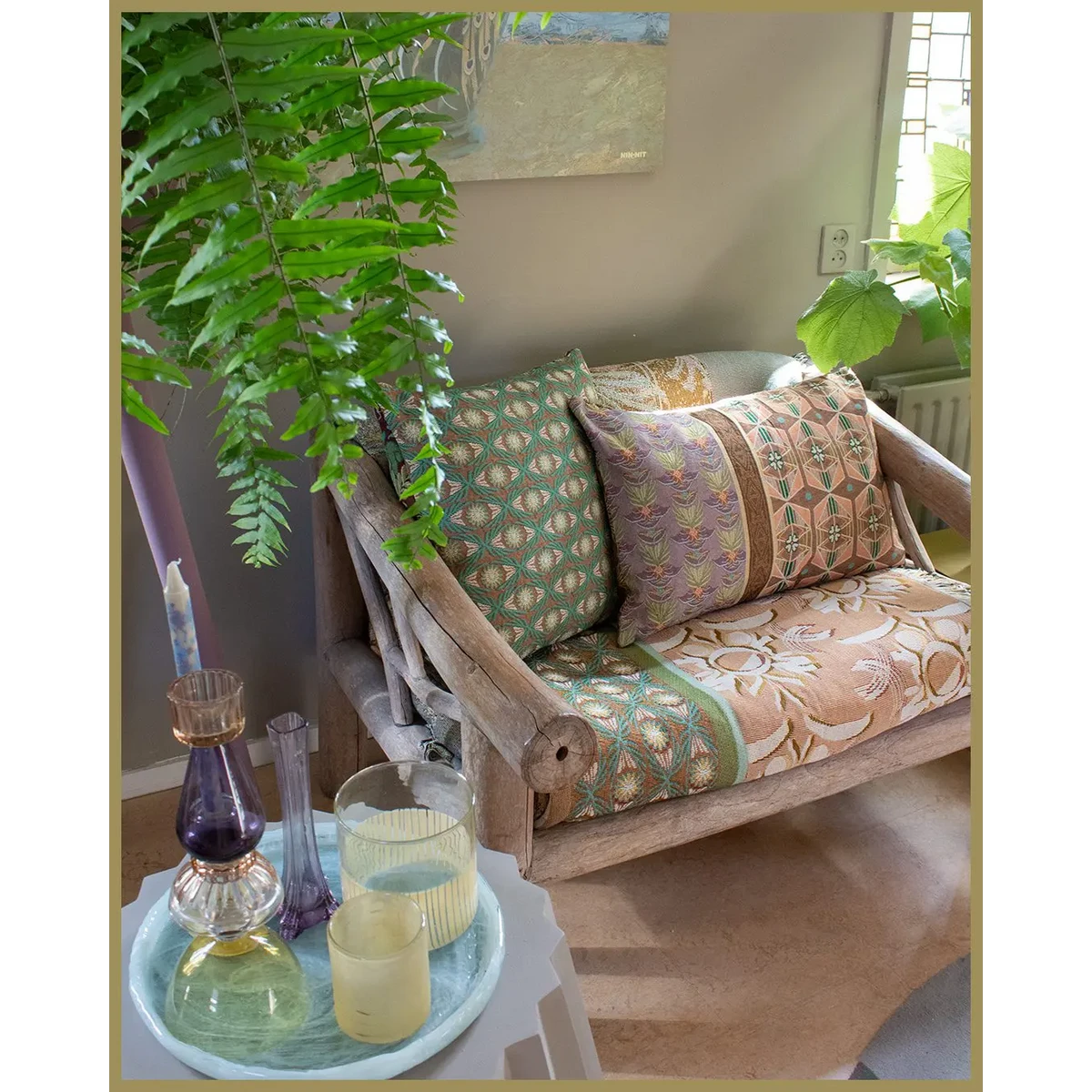 NIN-NIT | Nouveau Naturel Blanket | plaid | woven blanket | bedspread | 100% woven cotton | Flowers, leaves and nature print | beige | white | sand | green | blue | multicolor | 220x160 cm