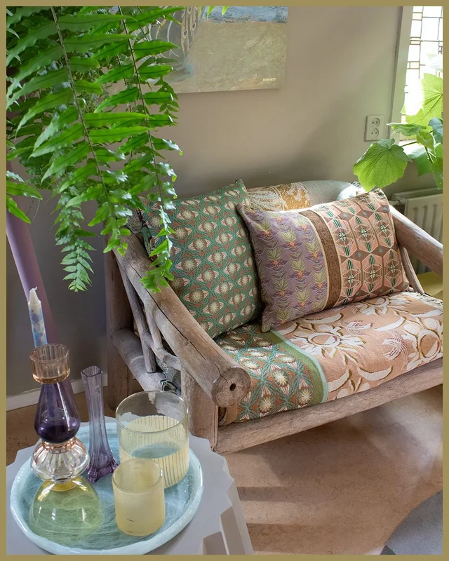 NIN-NIT | Couverture Nouveau Naturel | plaid | couverture tissée | couvre-lit | 100% coton tissé | Imprimé fleurs, feuilles et nature | beige | blanc | sable | vert | bleu | multicolore | 220x160cm
