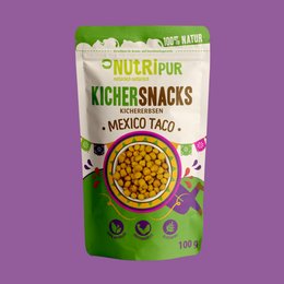 Nutripur KicherSnacks Mexico Taco, 120g. Crunchy chickpea snack with Mexican taco seasoning. Vegan, gluten-free, and high in protein.