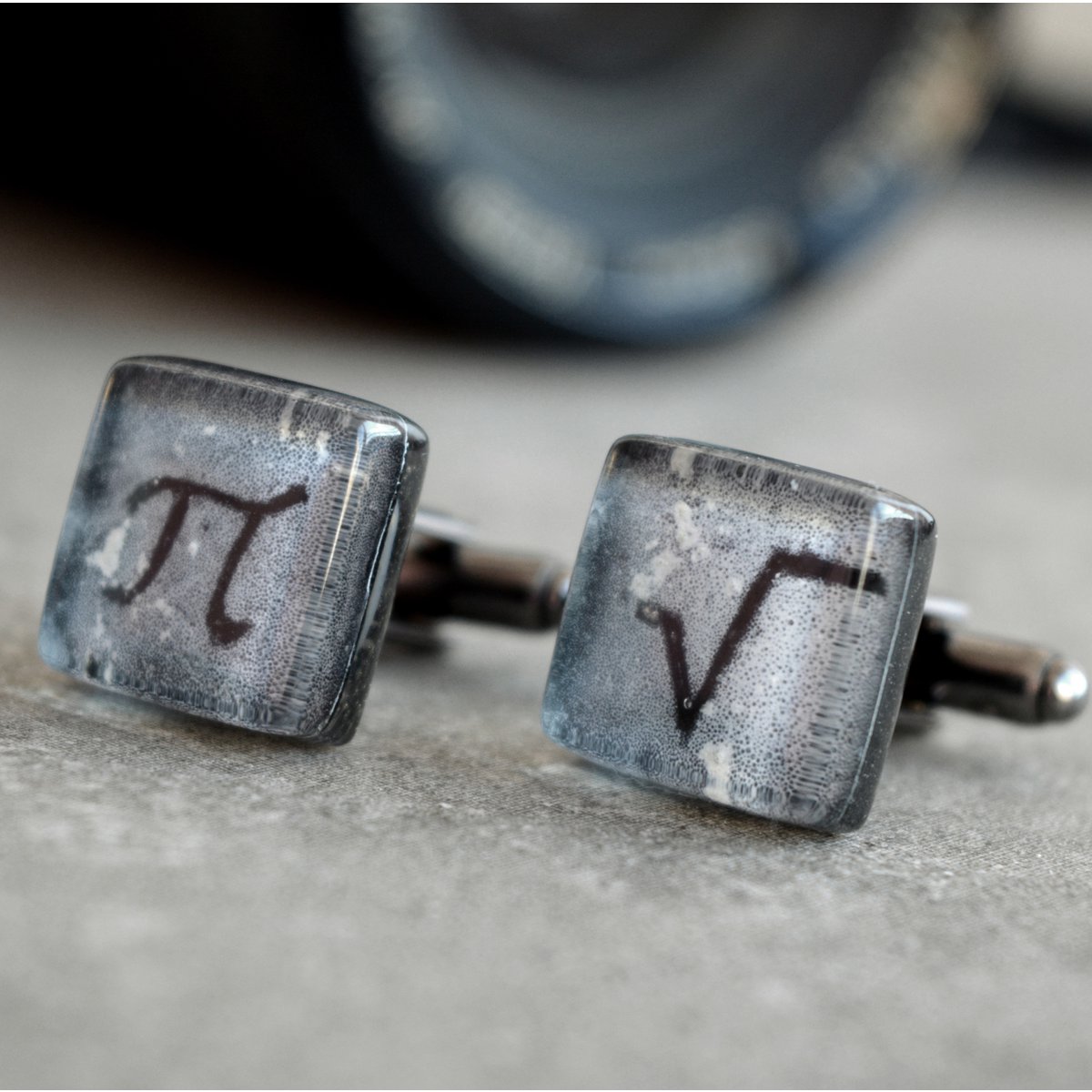 Science cuff links with math symbols Pi and square root, Grey color, Wedding accessories for men