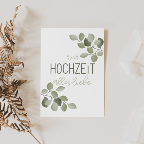 Ansichtkaart bruiloft - eucalyptustakken