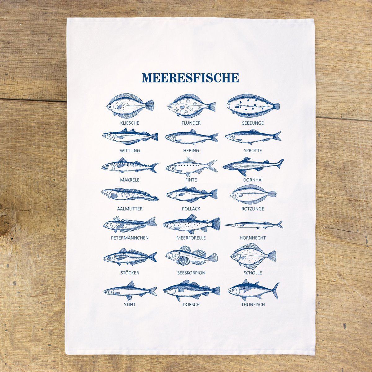 Cotton tea towel "Sea Fish" maritime - blue and white