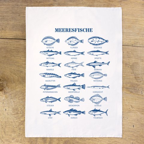 Katoenen theedoek "Sea Fish" maritiem - blauw en wit