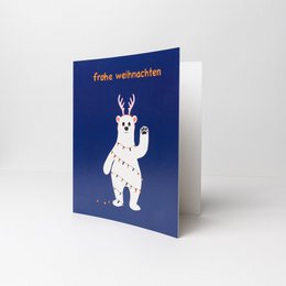 "Frohe Weihnachten" Christmas card with a white polar bear illustration on a navy blue background. The card features the German text "Frohe Weihnachten" which means "Merry Christmas". The card is available in multiple pack sizes.