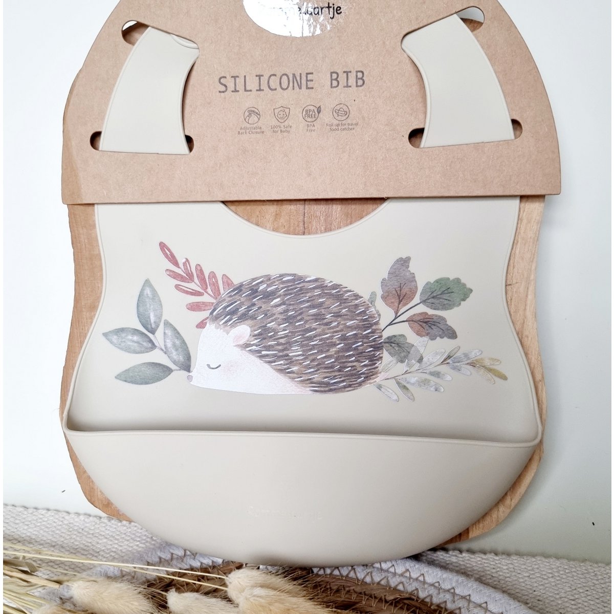 Siliconen slabber met opvangbakje Egel - Beige