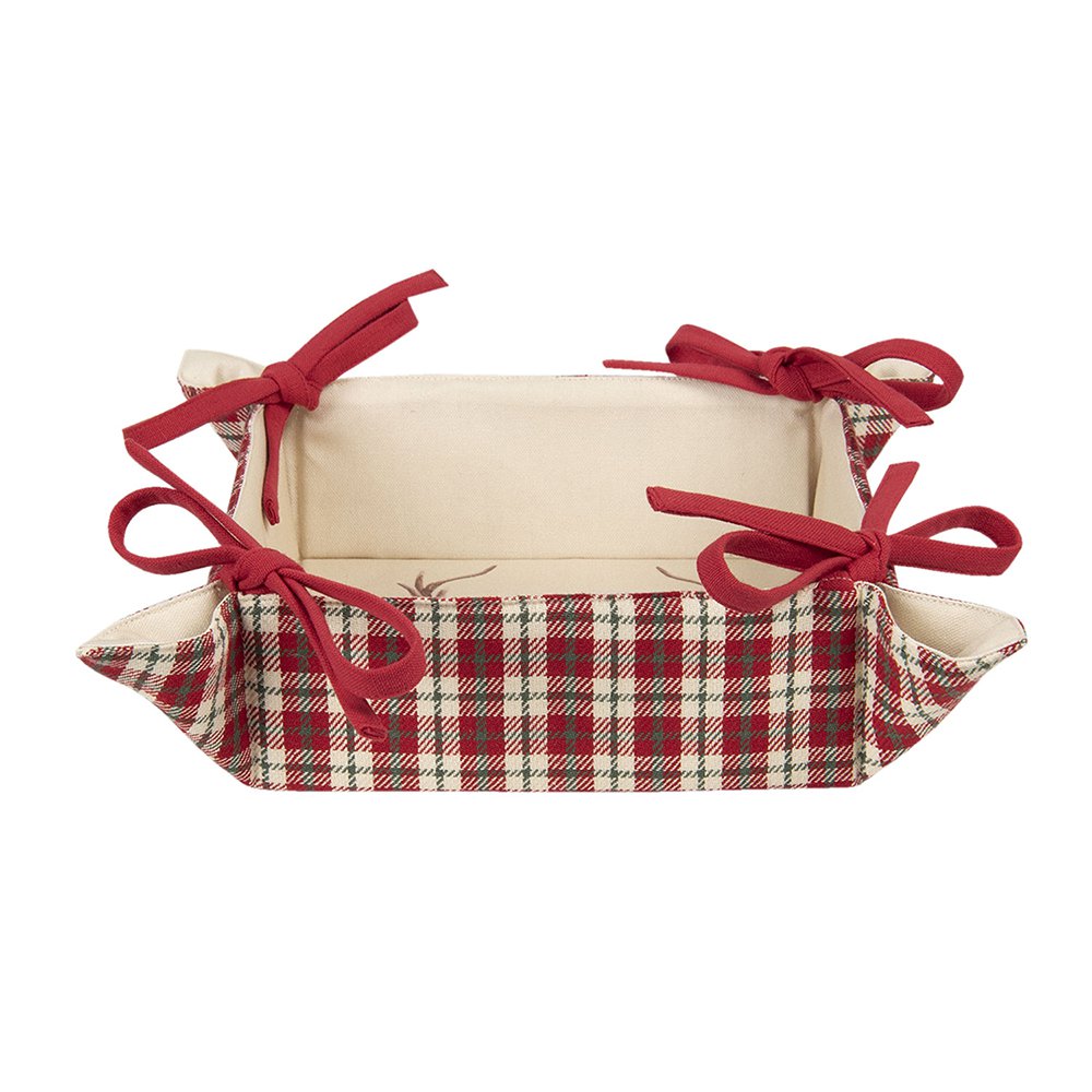 Broodmand 35x35x8 cm Rood Beige Katoen Ruit Hert Cadeau Keuken