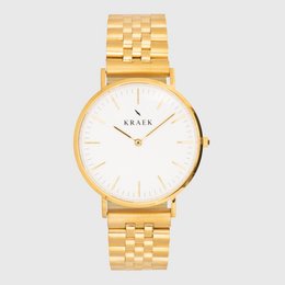 Gold stainless steel watch with a 36mm case diameter and a white dial.