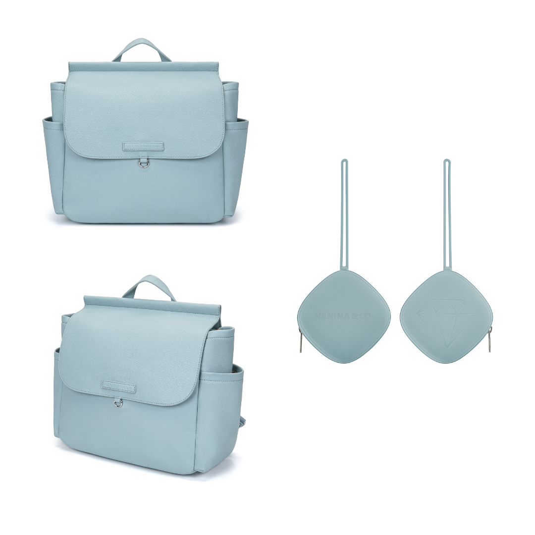 MIREM Maternity Bag By Nenina & Co Dusty Blue + Gift Changing Mat + Pacifier Holder