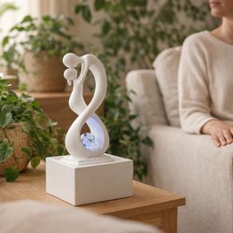 Modern indoor fountain with white lovers sculpture, colorful LED light, and rotating ball. Contemporary home decor piece made of durable materials.