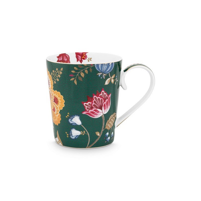 Grüner Becher mit Fantasie-Blumenalphabet - H - 350 ml