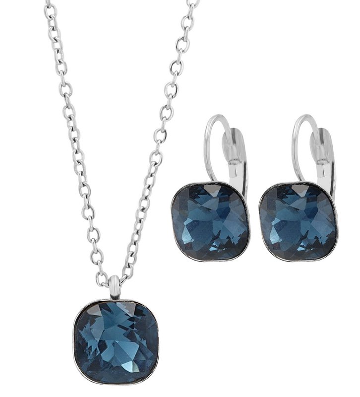 "Lia" - sieradenset, ketting (45cm) met hanger en oorbellen, roestvrij staal, zilver + donkerblauw