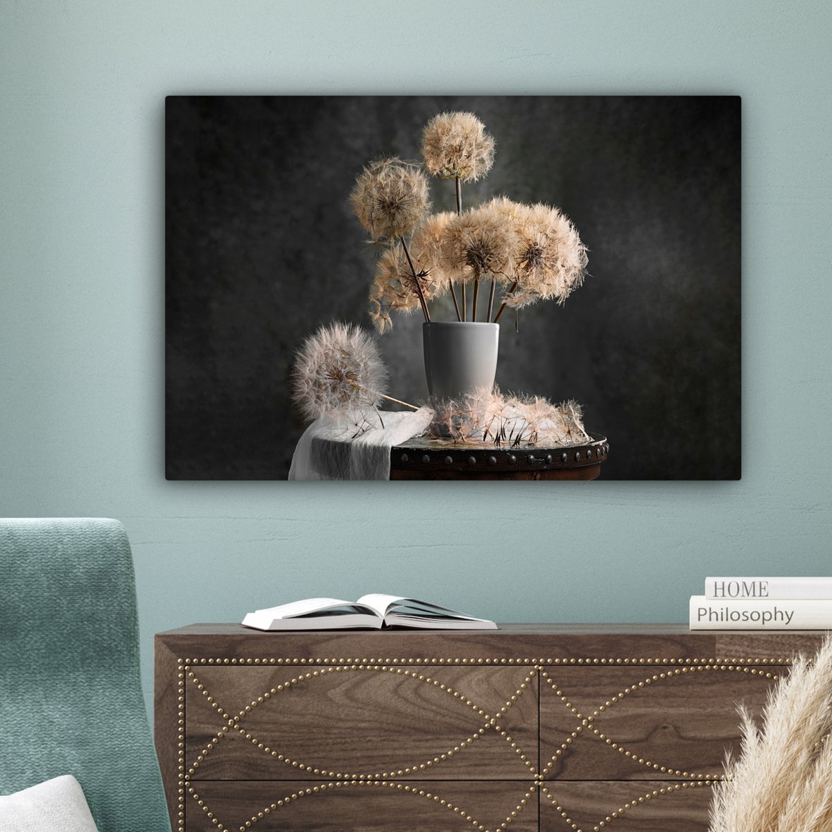 Leinwand Malerei - Wanddekoration - Blumensamen - Löwenzahn - Vase - Stillleben - Bouquet