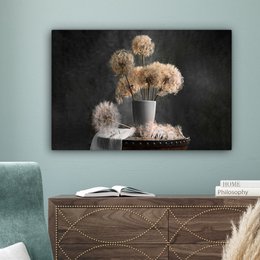 Lærredsmaleri - vægdekoration - blomsterfrø - mælkebøtte - vase - stilleben - buket