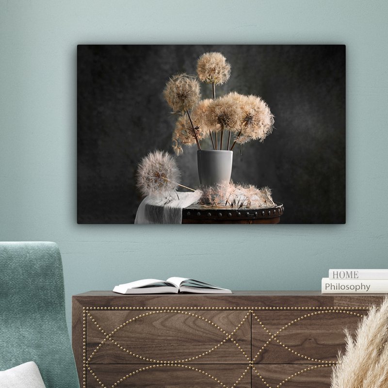 Lærredsmaleri - vægdekoration - blomsterfrø - mælkebøtte - vase - stilleben - buket