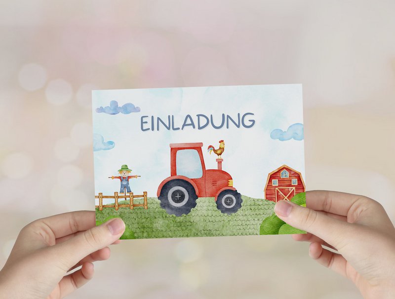 Traktor Einladungskarten - Bauernhof Einladungskarten Set zum Ausfüllen inkl. Umschläge - Bauernhof Kindergeburtstag - Mottoparty Trecker