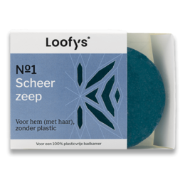 Shaving soap with a blue color and a circular label that says "Scheerseep Loofy's".