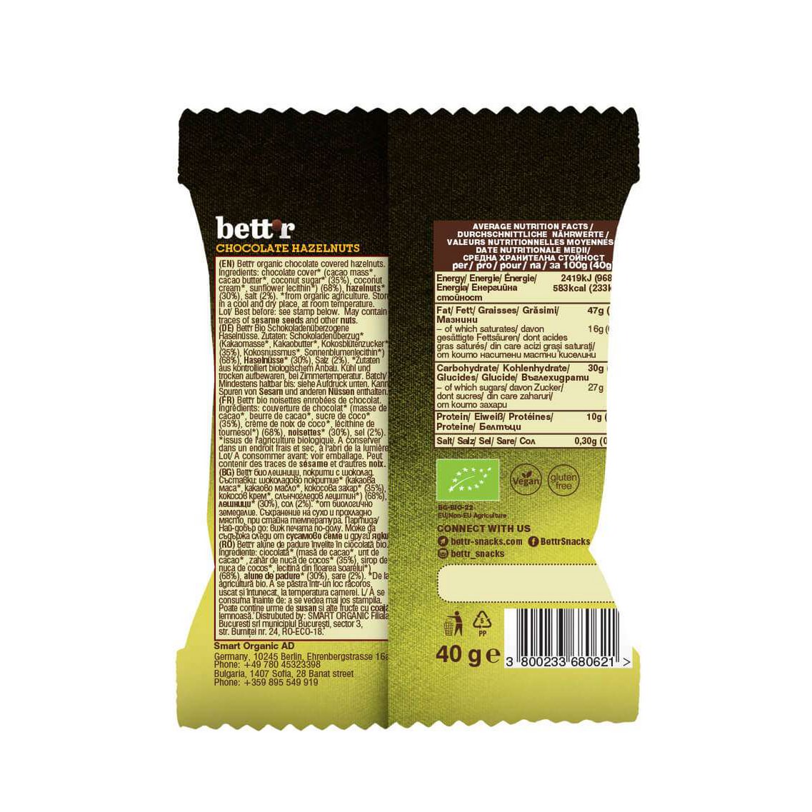 Chocolate Hazelnuts, organic, Bett'r, 40g