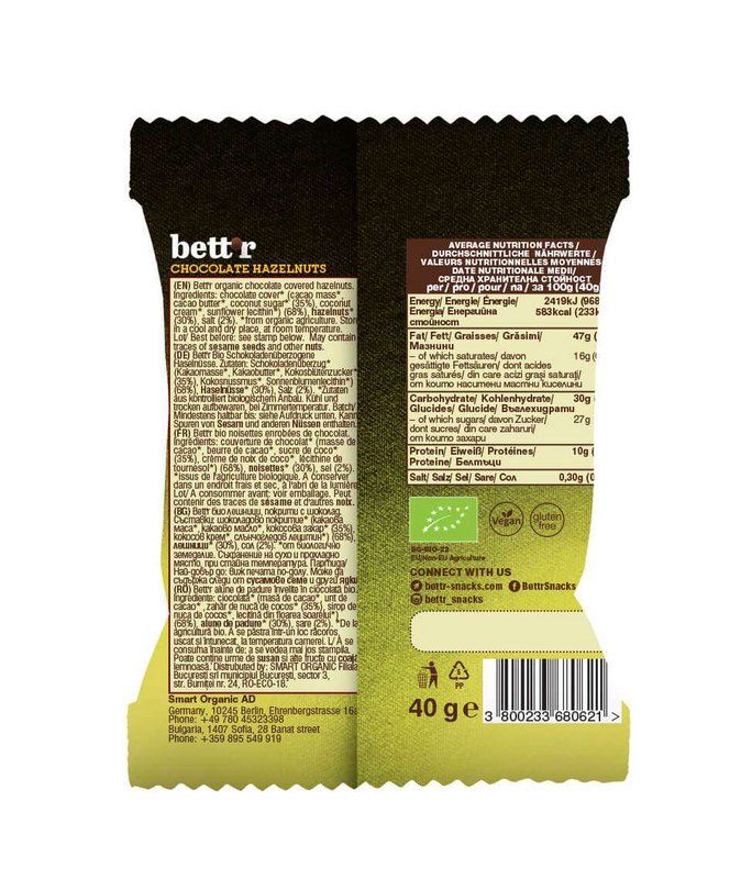 Chocolate Hazelnuts, organic, Bett'r, 40g