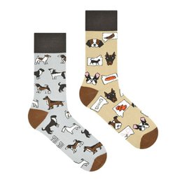  Casual socks featuring a playful dog print in various shades of brown and beige. The socks are available in sizes EU 36-39, EU 40-43, and EU 44-46.