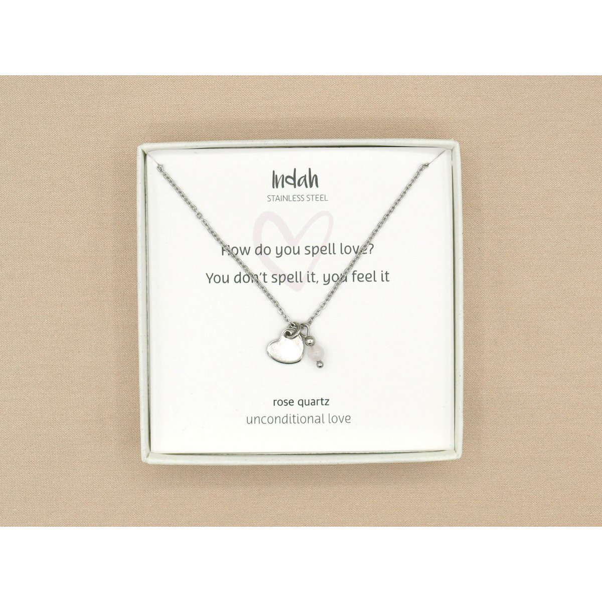 Ketting rock, hart en rozenkwarts, zilver of goud stainless steel
