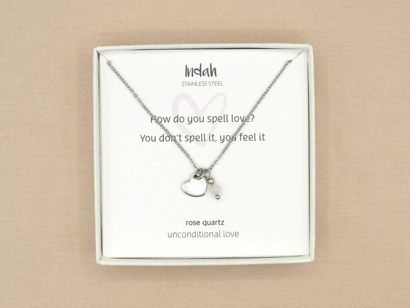 Ketting rock, hart en rozenkwarts, zilver of goud stainless steel