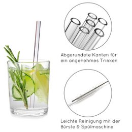 Colorful, curved and straight glass straws in 15 cm and 22 cm lengths, with cleaning brushes included for easy maintenance.