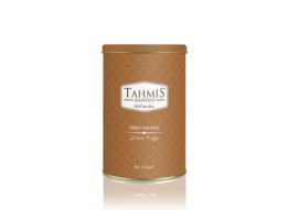 Ground Turkish coffee in a brown tin container. Tahmis brand.