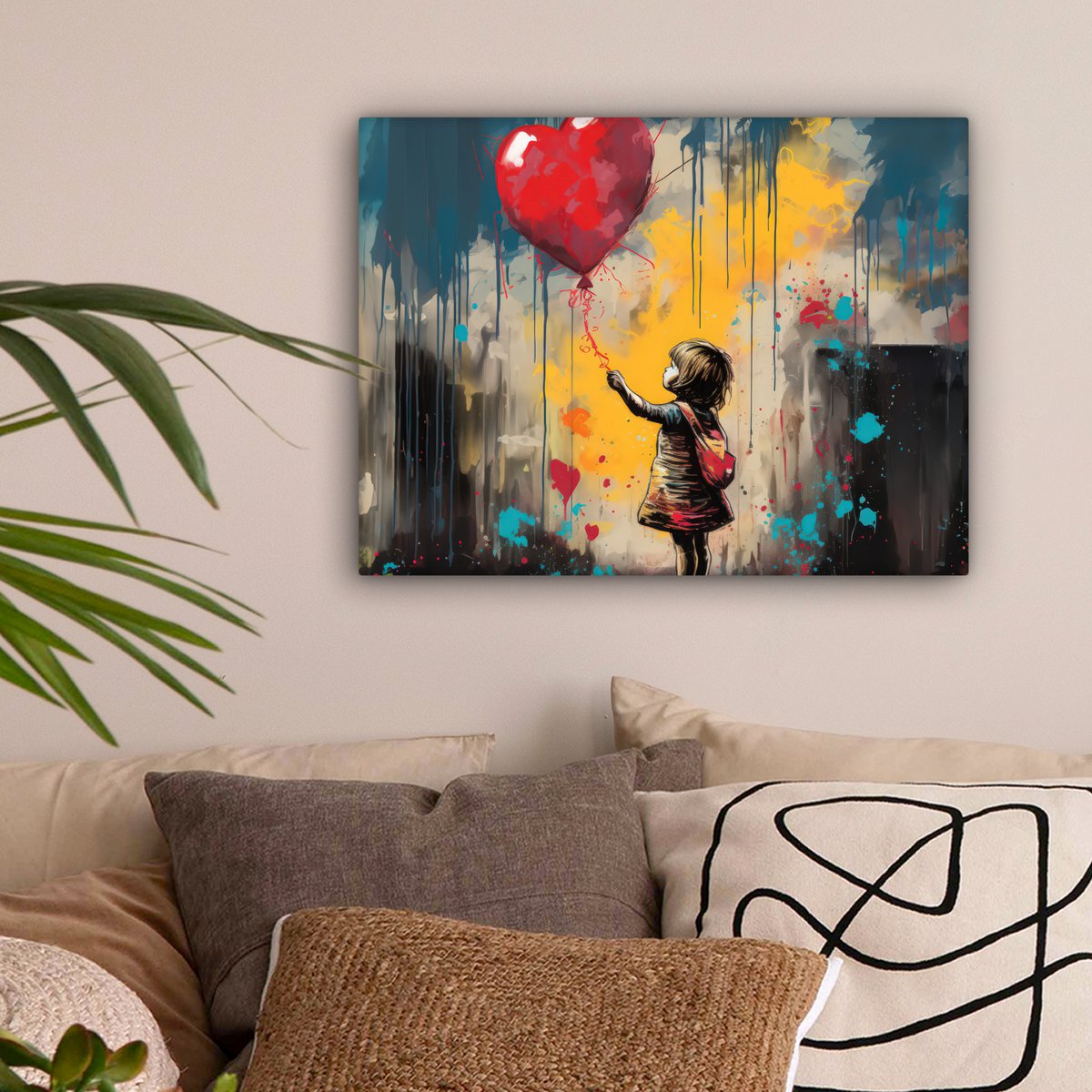Canvas schilderij  - Wanddecoratie Meisje - Ballon - Hart - Graffiti - Muurdecoratie woonkamer - Slaapkamer decoratie - Kamer accessoires - Schilderijen op canvas
