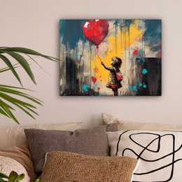 Canvas schilderij  - Wanddecoratie Meisje - Ballon - Hart - Graffiti - Muurdecoratie woonkamer - Slaapkamer decoratie - Kamer accessoires - Schilderijen op canvas