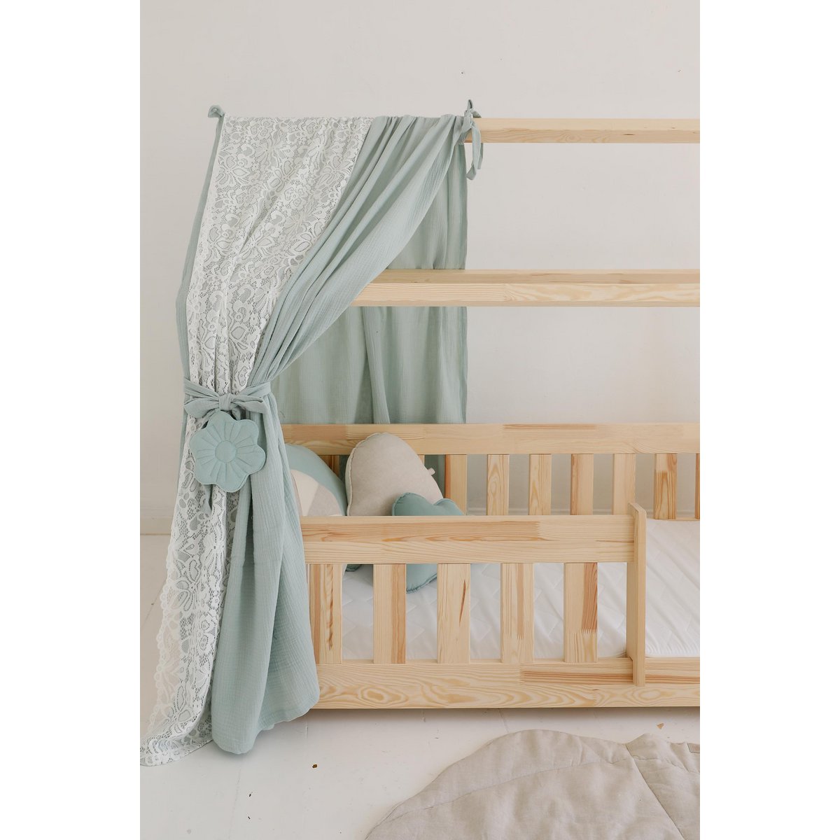 Muslin Boho Canopy with lace over the bed, House bed tent for children's room | Curtains for montessori bed |Toddler Bed Canopy, mint decor