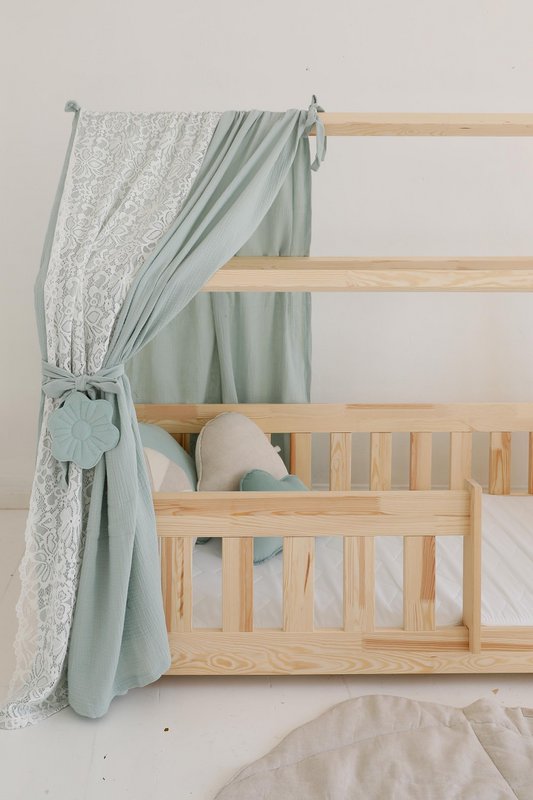 Muslin Boho Canopy with lace over the bed, House bed tent for children's room | Curtains for montessori bed |Toddler Bed Canopy, mint decor