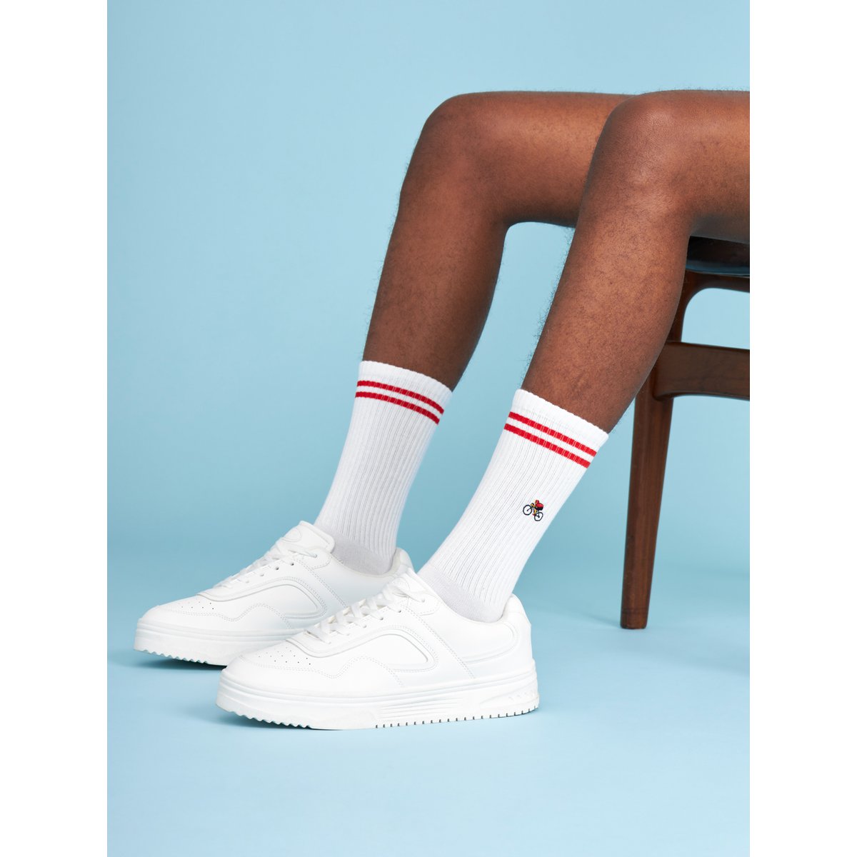 Organic Bicycle Socks - White tennis socks with embroidered cyclist
