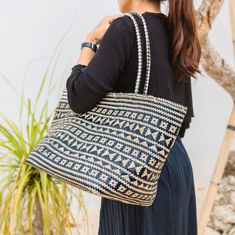 Bolso Tote Boho – Bolso Verano Seagrass – Bolso Playa Hombro – Bolso Natural Tejido – Bolso Compras Boho Grande KIDUL (negro)
