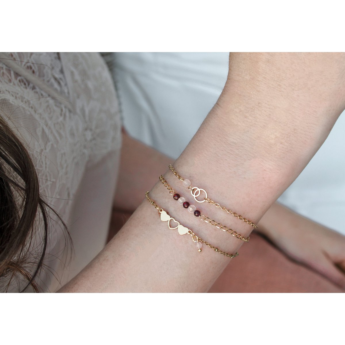 Armbånd Rock Crystal & Granat - Guld