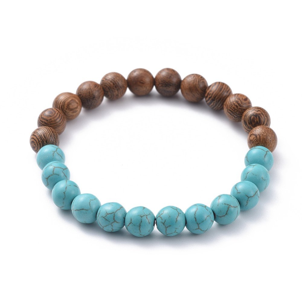 Bracciale elasticizzato con perline turchese e legno