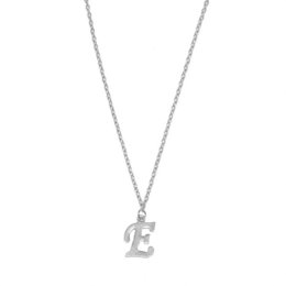 Silver-toned initial 'E' pendant necklace with a delicate chain.