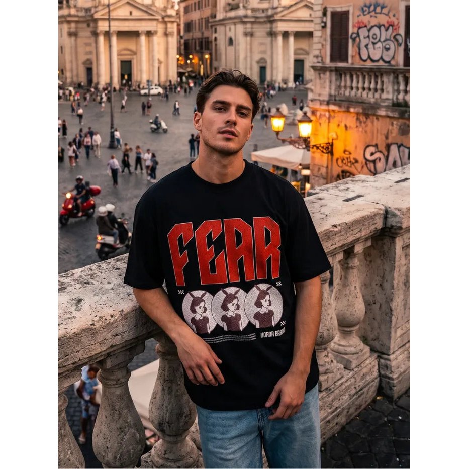 T-Shirt Nera 220gr Fear Oversize Cotone Made in Italy