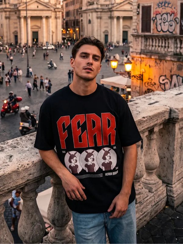 T-Shirt Nera 220gr Fear Oversize Cotone Made in Italy