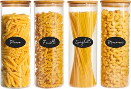 Glass storage jars with bamboo lids, 4 jars, 1900 ml capacity, rewritable stickers and white marker included.