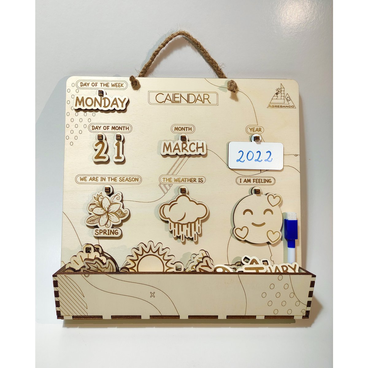 Calendario perpetuo de madera, rastreador de tiempo y clima, regalo Montessori para niños